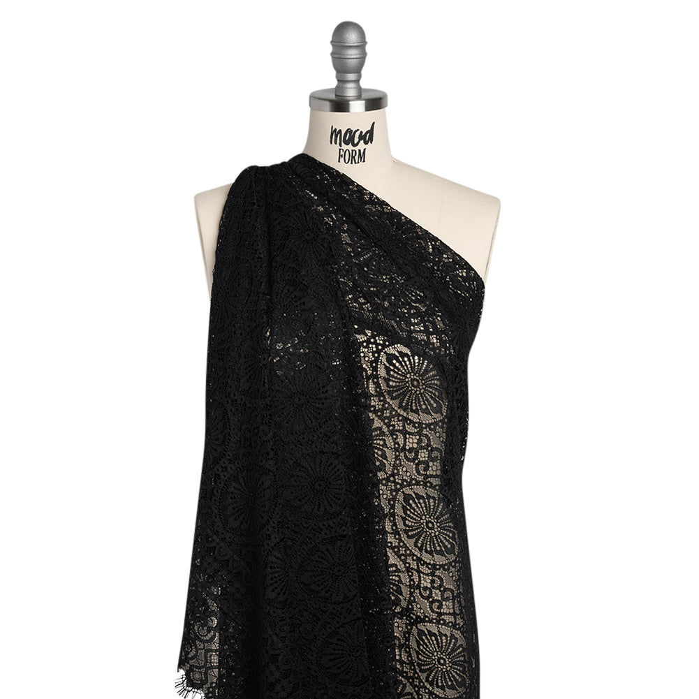 Corded Lace Panel with Scalloped and Fringed Finished Edges - Black Flower Medallions and Abstract Stripes - Joann Fabrics