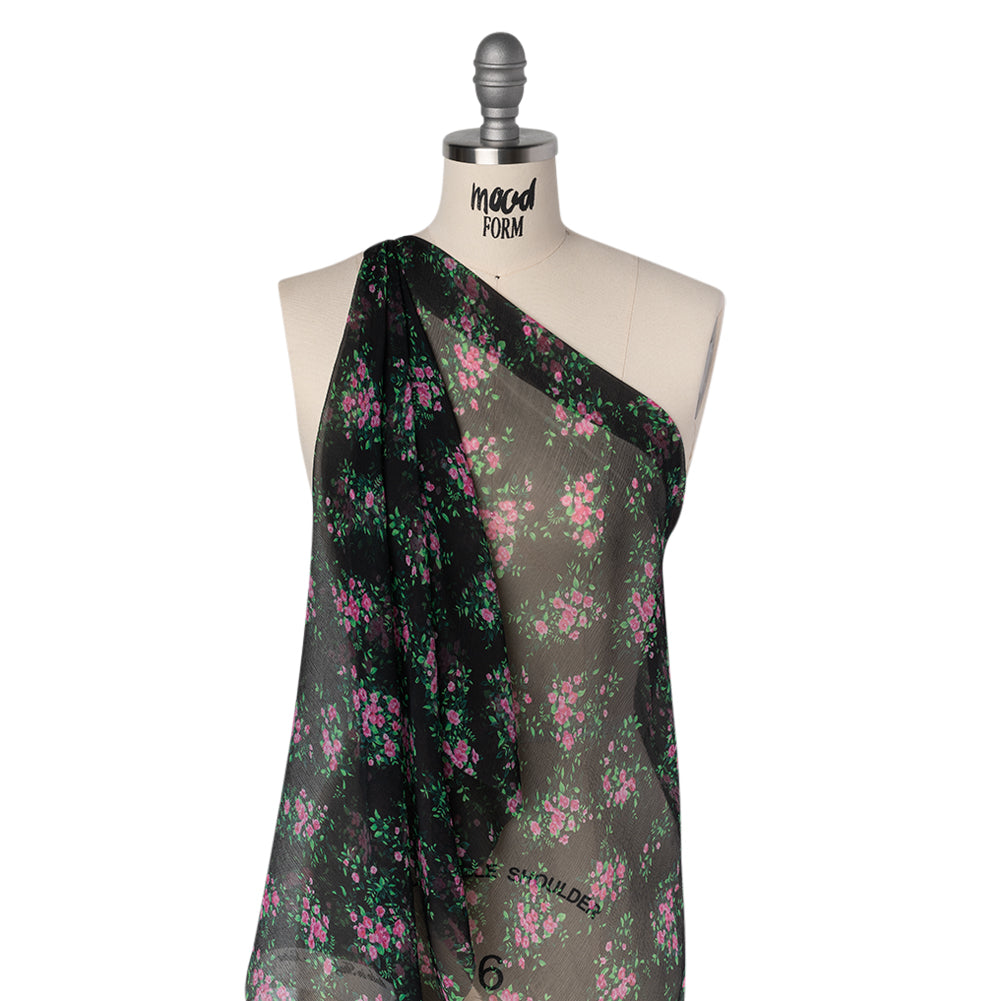 Crinkled Silk Chiffon Print Made in Italy - Black, Green and Pink Flower Bunches - Deadstock - Joann Fabrics