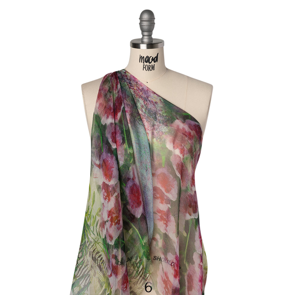Crinkled Silk Chiffon Print - Green and Pink Ferns and Painterly Flowers Borders - Deadstock - Joann Fabrics