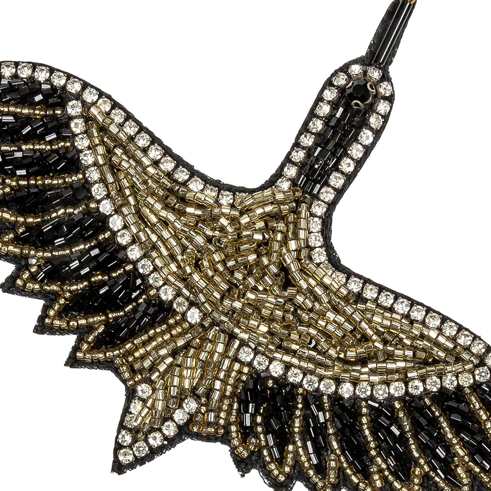 Black, Gold and Crystal Rhinestone Crane Glass Beaded Applique - 3.375