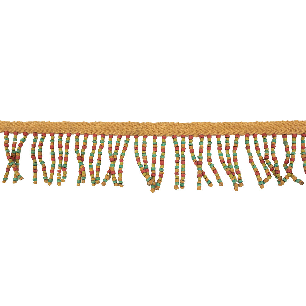 Vintage Tan and Multicolor Wood Beaded Fringe Trim - 2.25