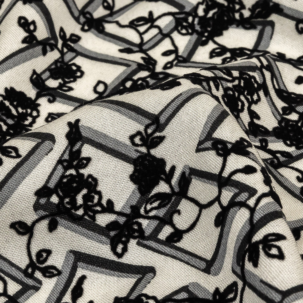 Black and White Flocked Florals on Tossed Squares Printed Viscose Woven - Joann Fabrics