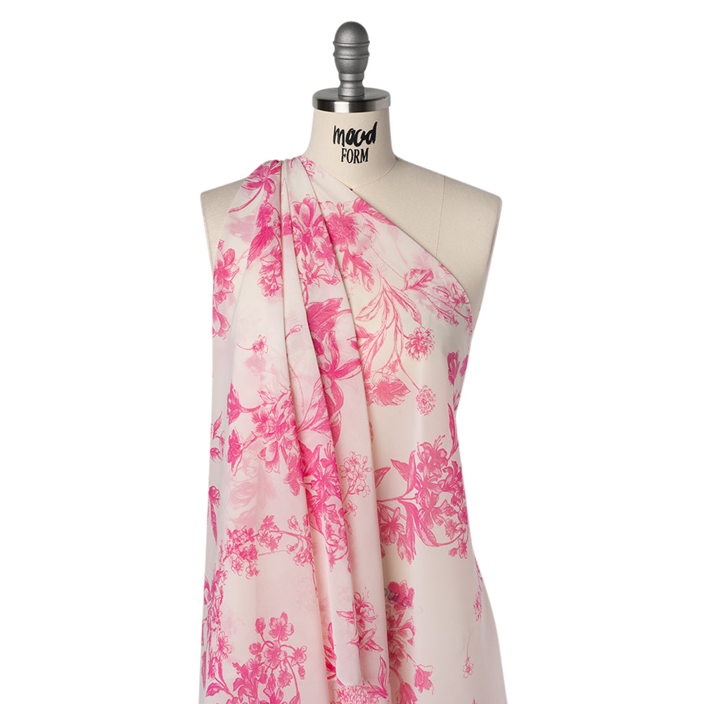 Polyester Chiffon Print - Hot Pink and Ivory Pastoral Floral - Designer Deadstock - Joann Fabrics