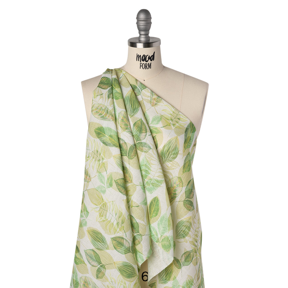 Medium Weight Linen Woven Print - Green on White Laying Leaves - Joann Fabrics