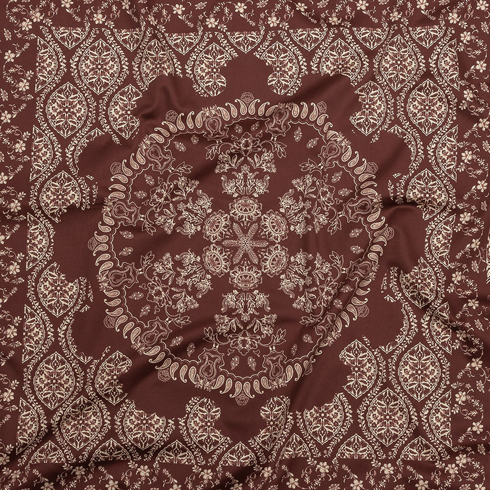Stretch Cotton Sateen - Beige and Burgundy Paisley - Impressions in Time Print - Mood Exclusive Rockland Collection - Joann Fabrics