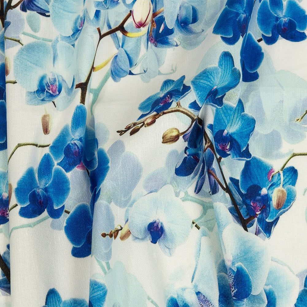 Tilted Blue Orchids and Lily White Printed Stretch Linen and Rayon Woven - Joann Fabrics