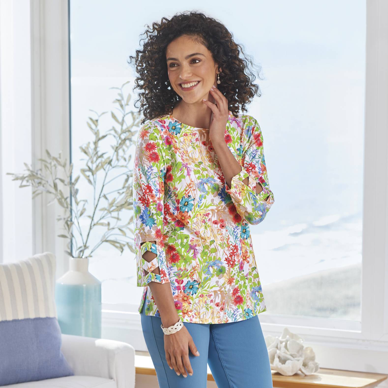 Print Lattice-Sleeve Knit Top, Modified Boatneck, 3/4 Sleeves, Side Slits - Northstyle Catalog