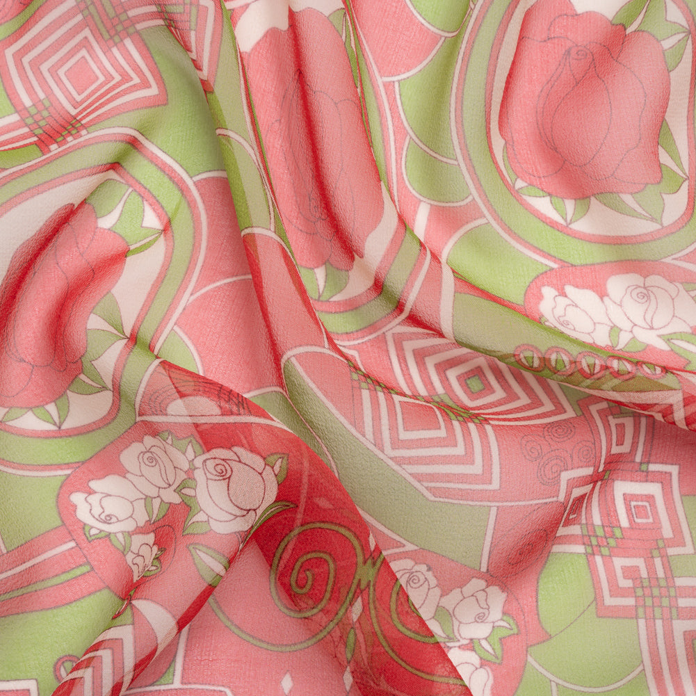 Red and Lime Geometry and Roses Silk Chiffon - Joann Fabrics
