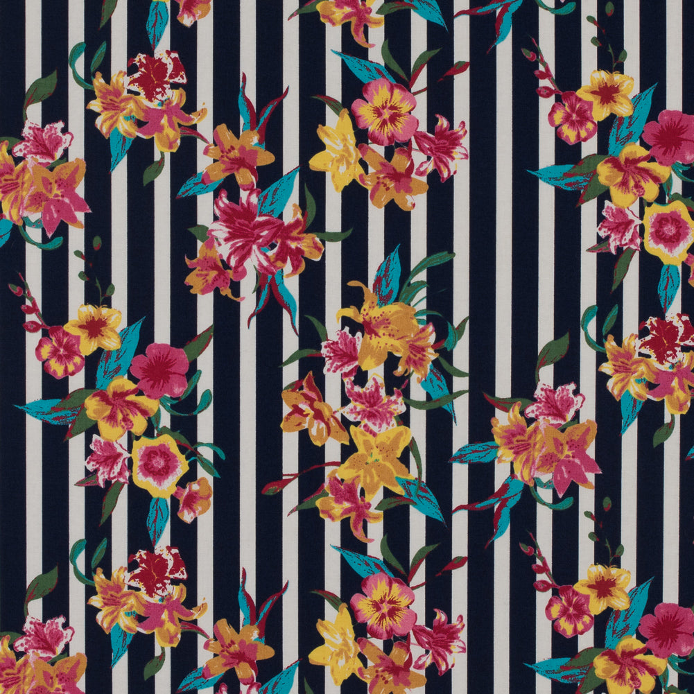 Navy/Multicolored Striped Floral Cotton Poplin - Joann Fabrics