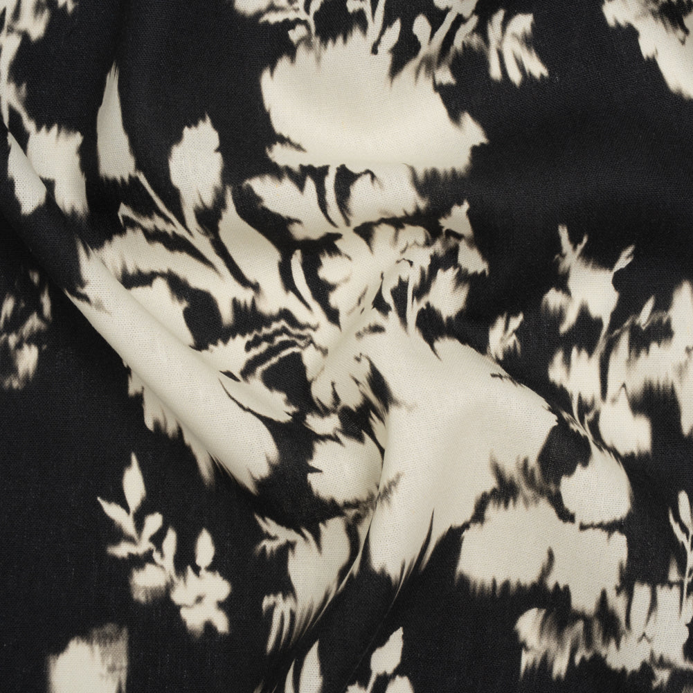 Linen and Rayon Woven - Black and Off White Ikat-Like Floral Silhouettes - Mood Exclusive Dahlia Daydreams Print - Joann Fabrics