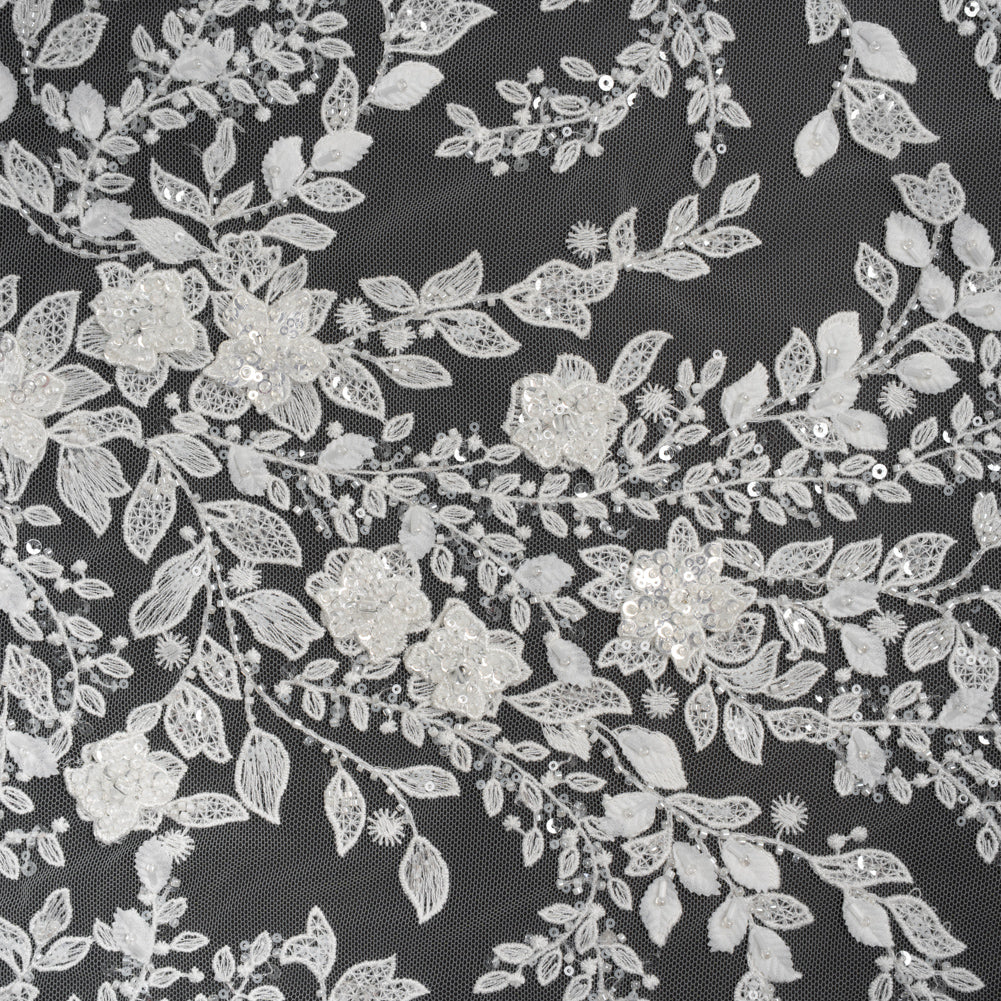 Embroidered 3D Lace with Beads and Sequins - White Floral Vines - Joann Fabrics