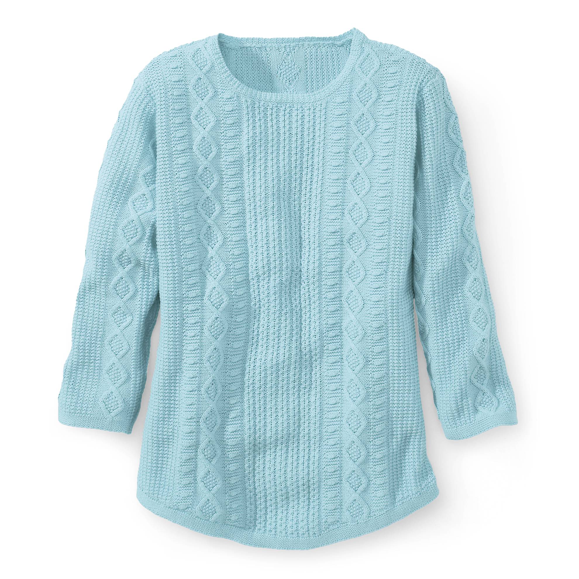 Textural Curved Hem Cable Sweater, Rounded Crew Neck, 3/4 Sleeves - Northstyle Catalog