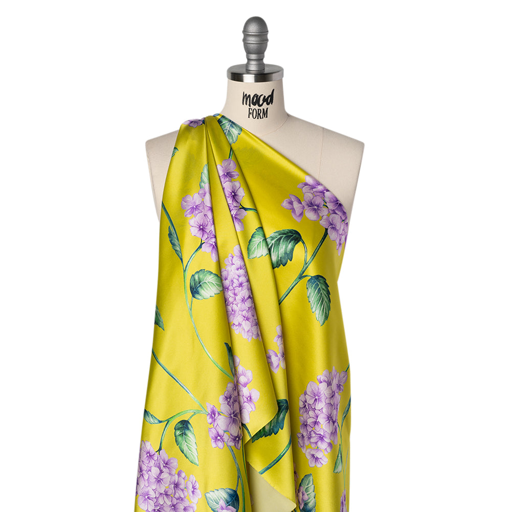 Silk Charmeuse Print 16MM, Made in Italy - Chartreuse and Lilac Hydrangeas - Joann Fabrics