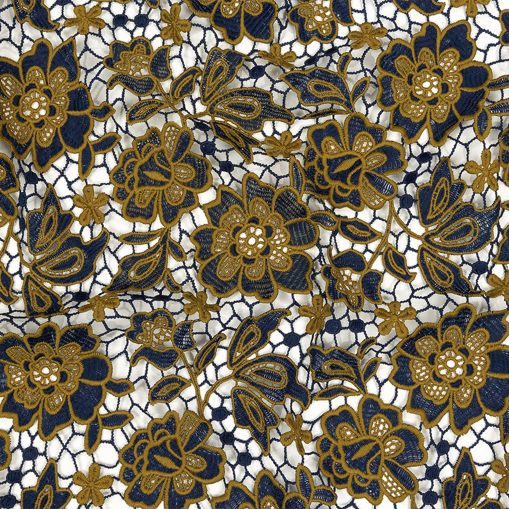 Guipure Lace with Finished Edges - Mustard and Royal Blue Two-Tone Floral - Joann Fabrics