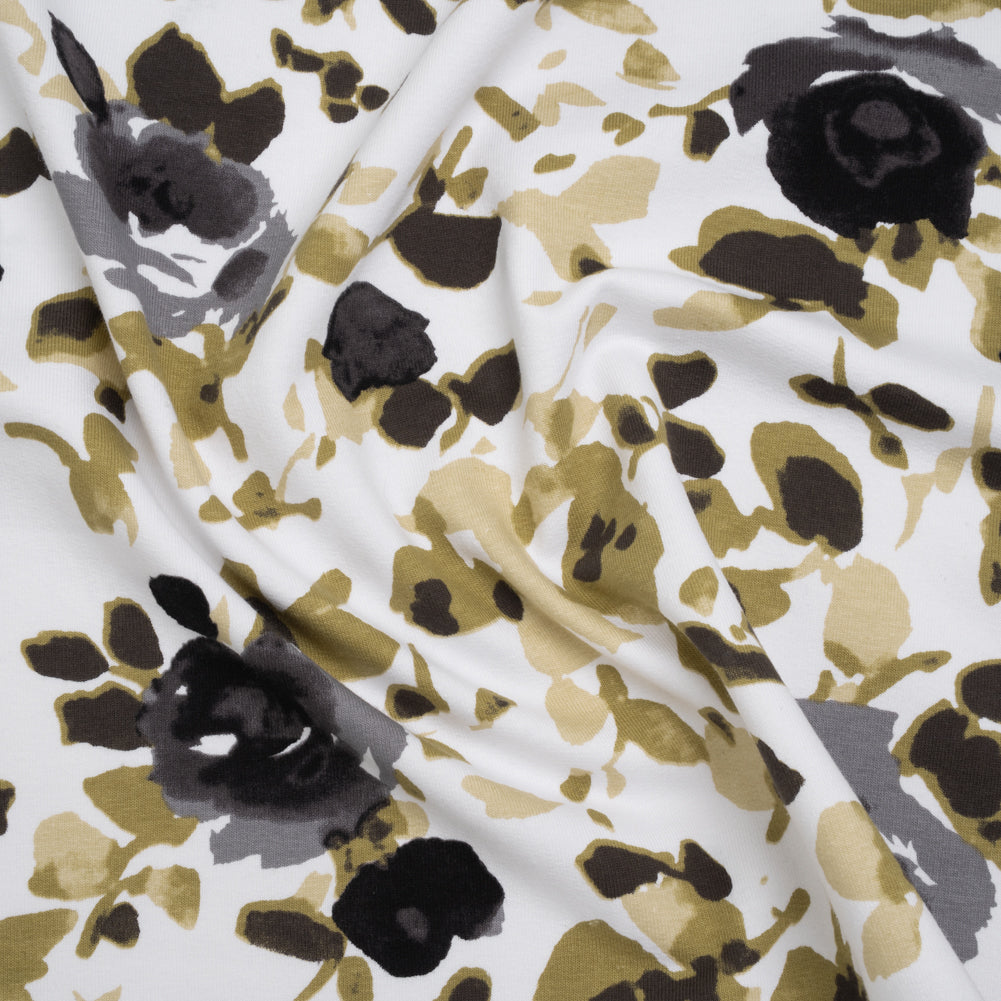 Stretch Cotton French Terry - Olive, Black and White Abstract Roses Print - Deadstock - Joann Fabrics
