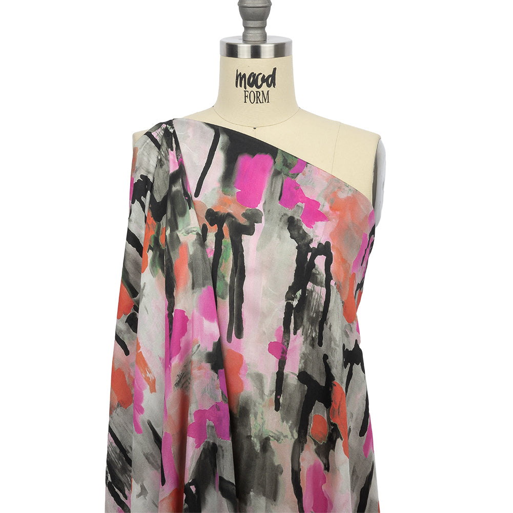 Rayon Challis - Pink and Orange Abstract Paint Drips - Painted Aspirations Print - Mood Exclusive Metro Collection - Joann Fabrics