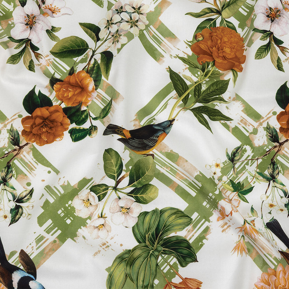 Mercerized Organic Egyptian Cotton Shirting - Leaf Green and Orange Crosshatch Brids and Florals - Ravello Collection - Joann Fabrics