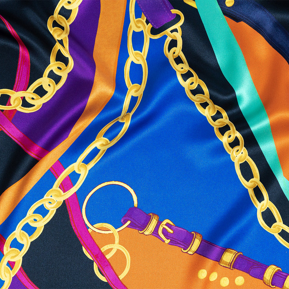 Mood Exclusive Italian Royal Blue, Orange and Gold Chains and Purse Straps Digitally Printed Silk Charmeuse - Joann Fabrics