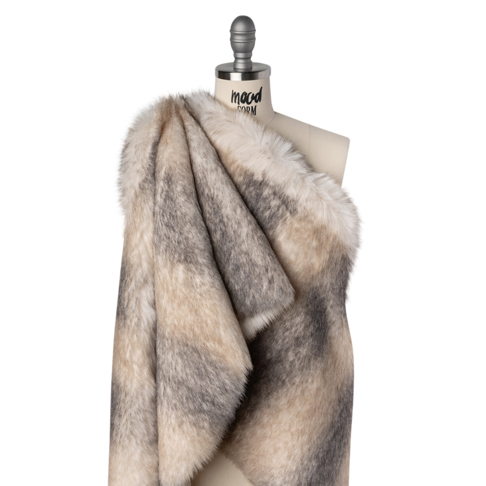 Plush Three-Tone Long Pile Recycled Polyester Faux Fur - Ivory, Tan and Charcoal Soft Stripes - Joann Fabrics