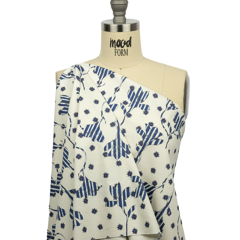 Stretch Cotton and Viscose Sateen Print - Blue and Cream Striped Flowers - Mood Exclusive Drip Drip Drop - Joann Fabrics