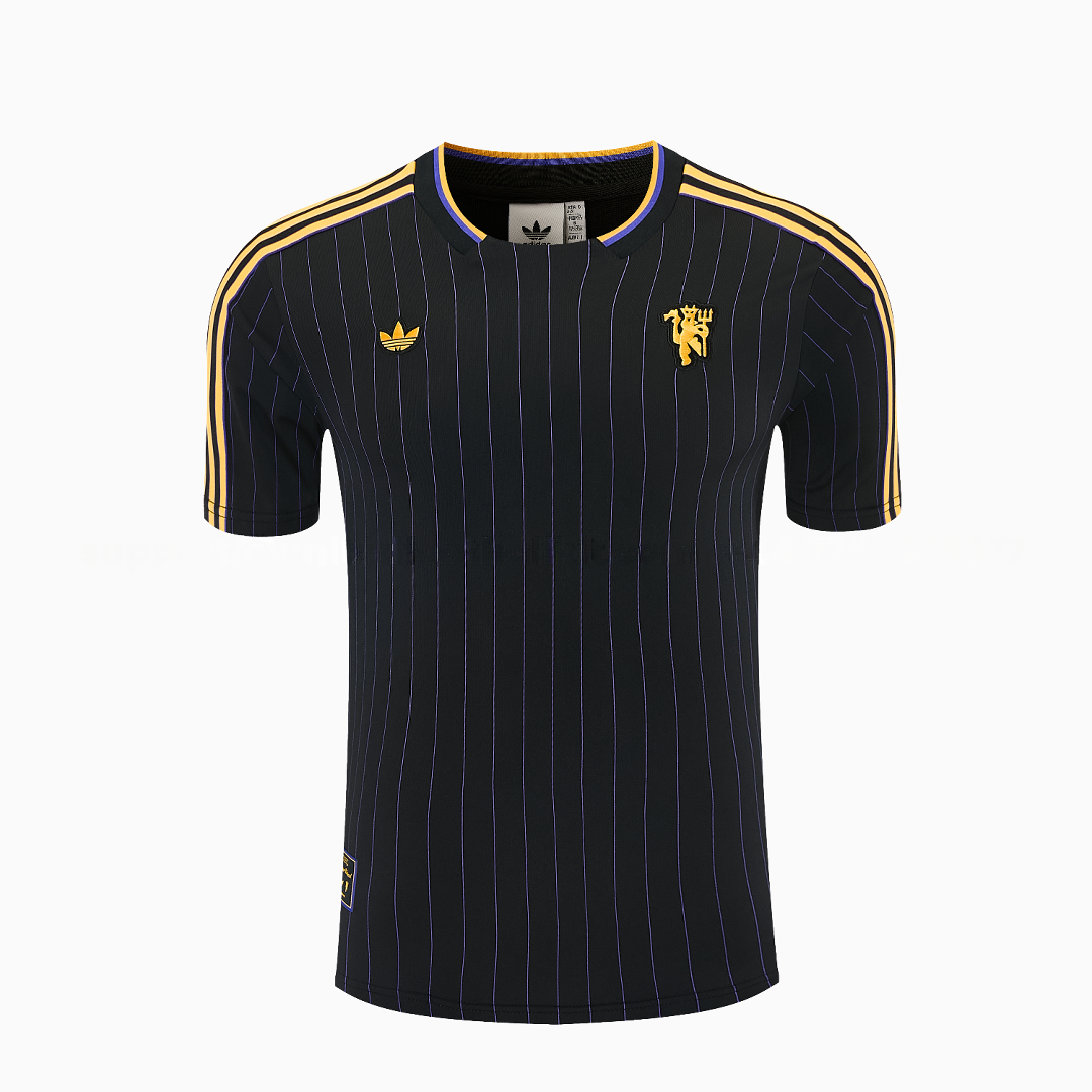 Manchester United 25-26 Retro Style Short-Sleeve Training Set - Black With Yellow Accents Top & Pants - UnitedFutballJersey