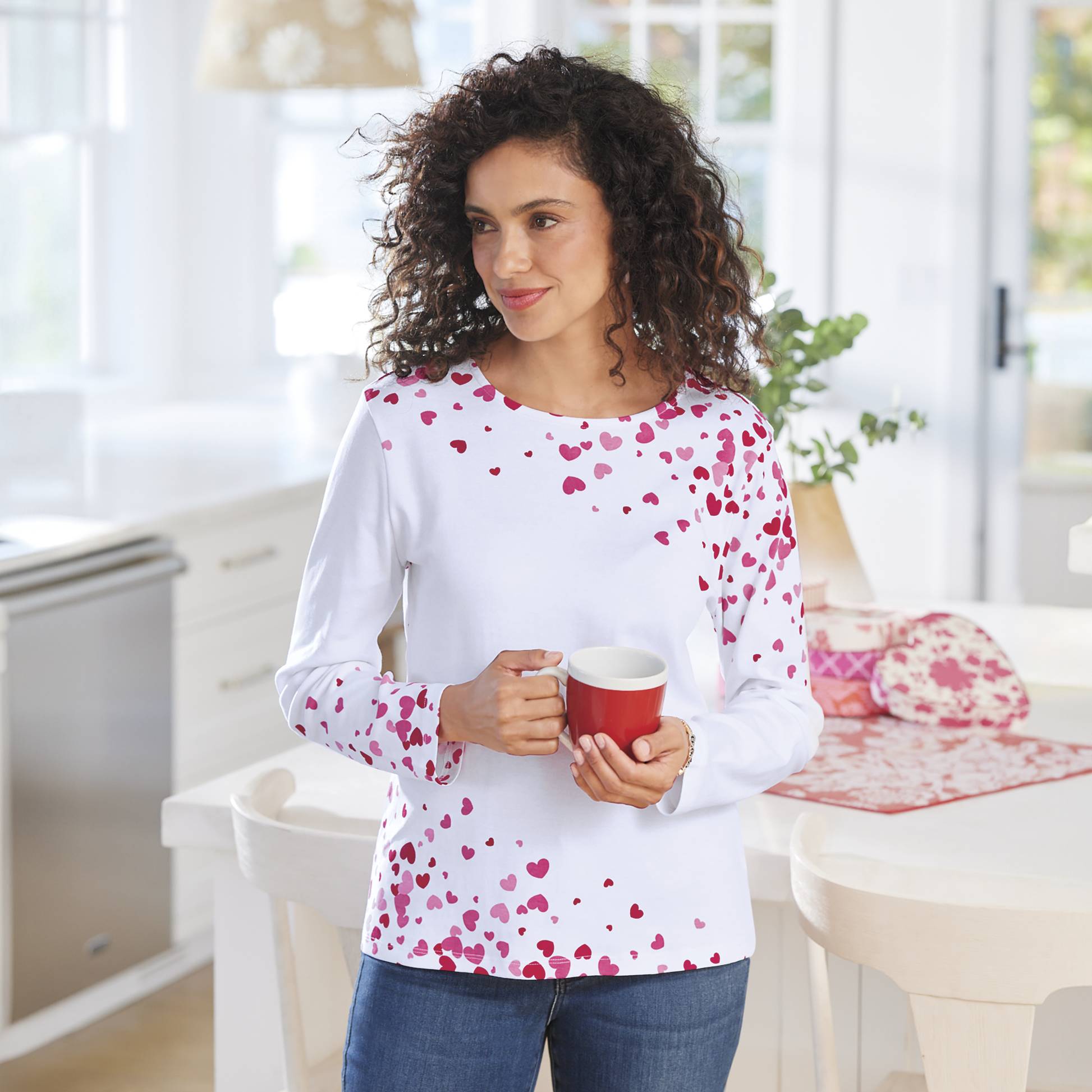 Confetti Hearts Cotton Knit Top, Rounded Neck, Long Sleeves - Northstyle Catalog