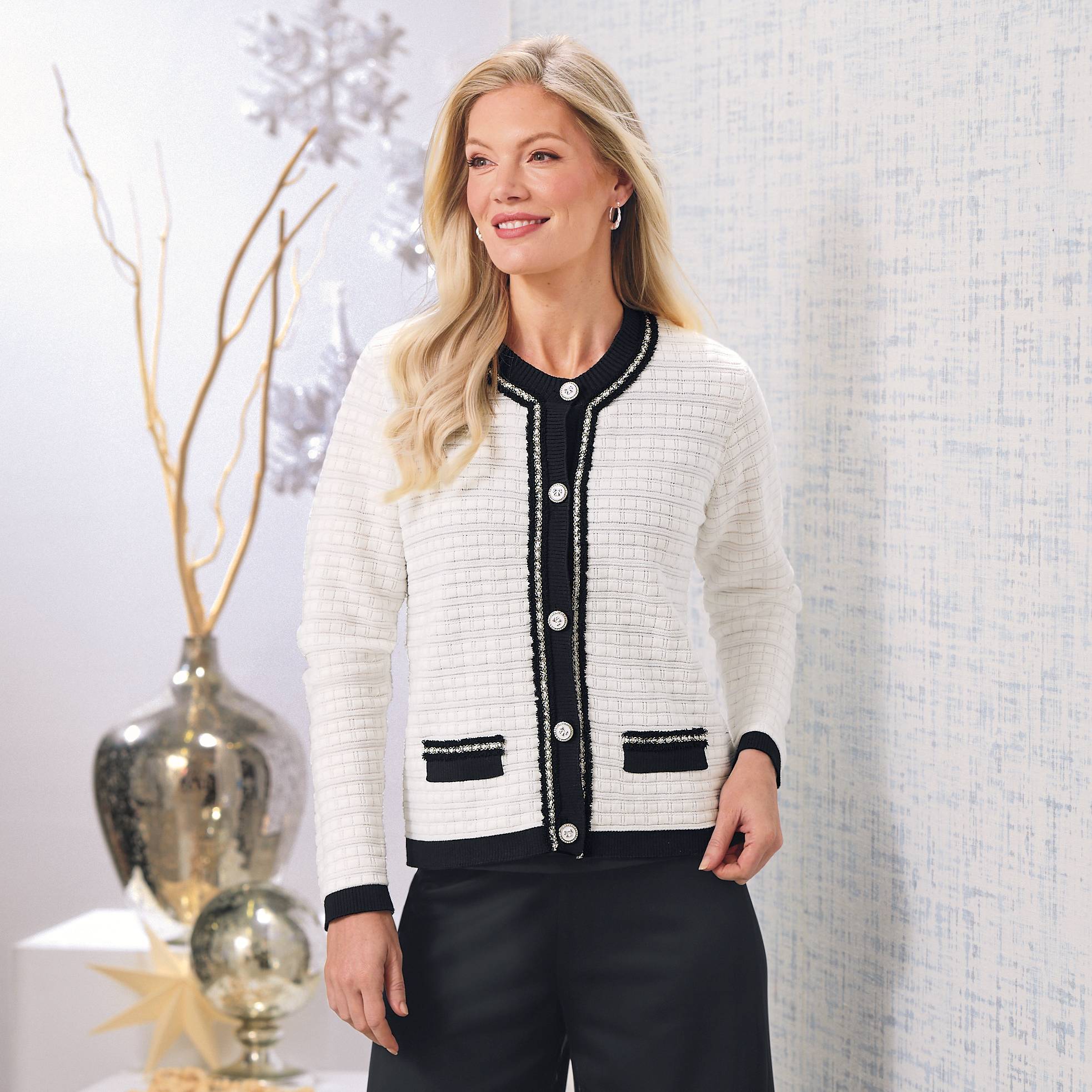 Embellished Cardigan, Textured Knit, Metallic Trim - Northstyle Catalog