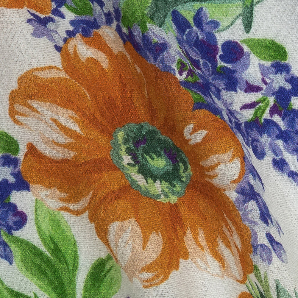 Gauzy Viscose Crepe Print - White, Blue and Orange Floral - Mood Exclusive Flowers by Vincent - Joann Fabrics