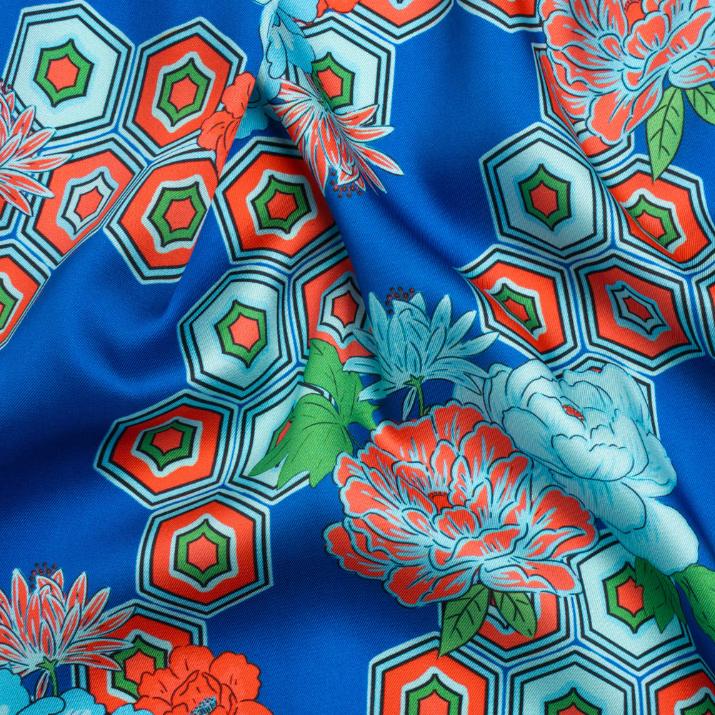Recycled Polyester Twill Print - Blue, Green and Orange Honeycomb Floral - Mood Exclusive Rose and Honey - Joann Fabrics