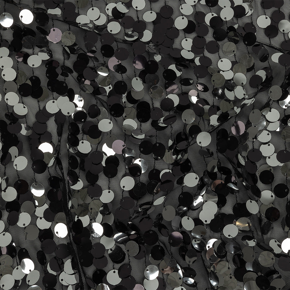 Milly Reflective Disco Ball and Gunpowder Two-Tone Circular Paillette Sequins on Black Mesh - Joann Fabrics