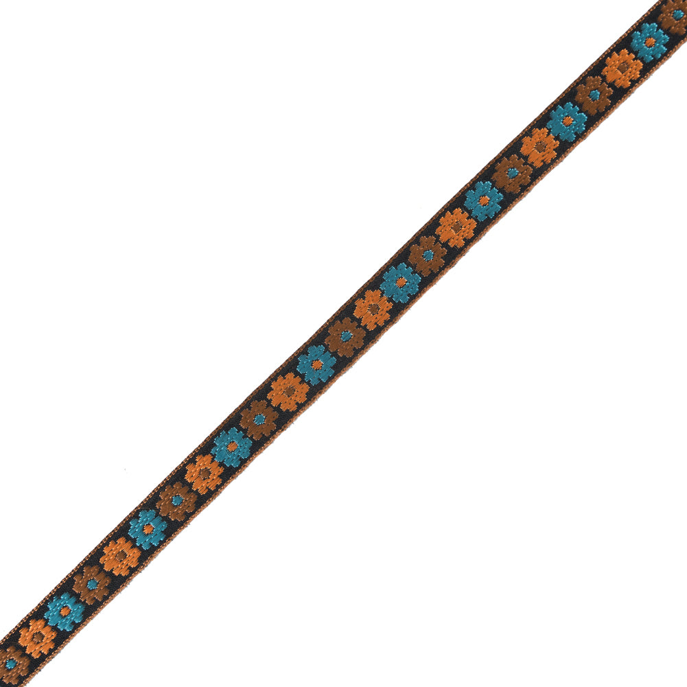 Orange and Blue Floral Embroidered Ribbon - 0.5