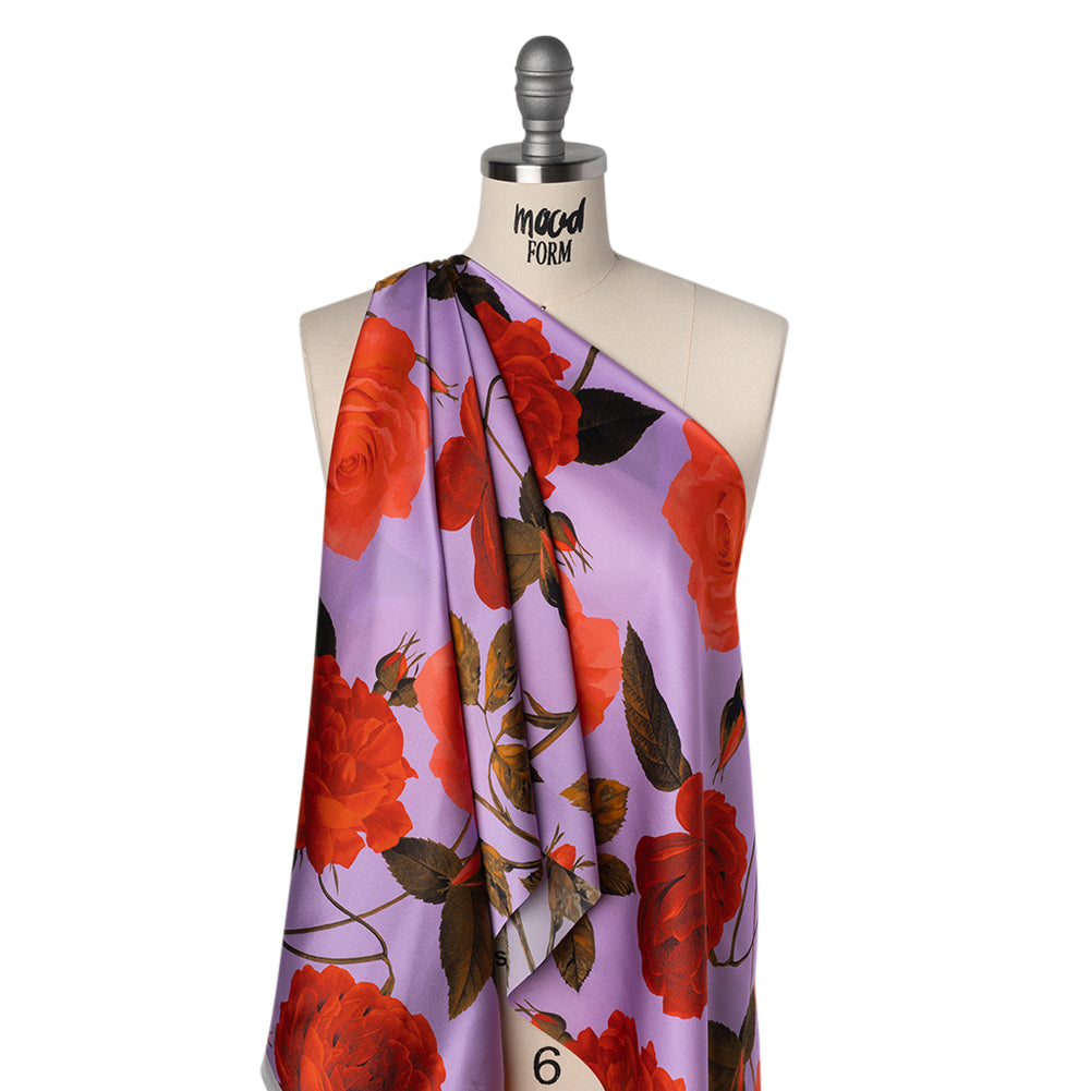 Silk Charmeuse Print 16MM, Made in Italy - Lavender, Red and Olive Green Roses and Stems - Joann Fabrics