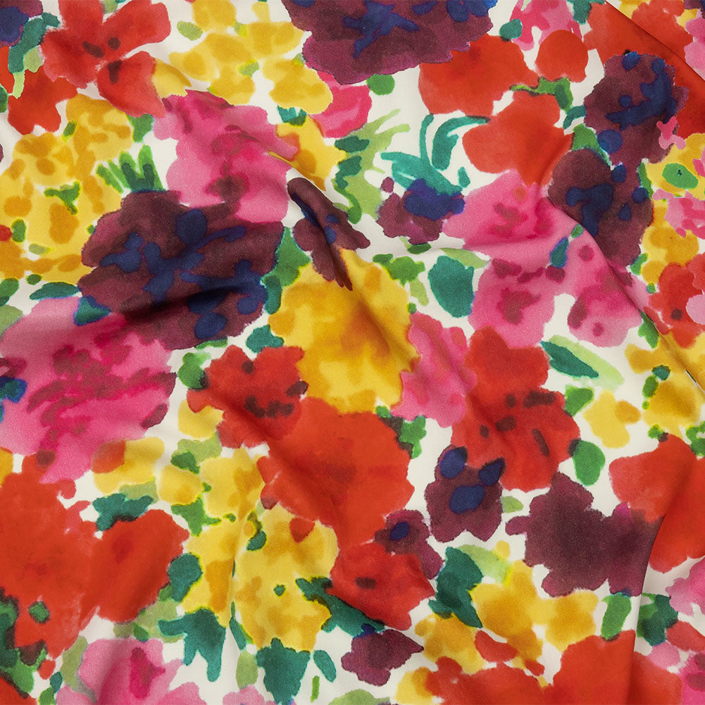 Stretch Cotton and Viscose Sateen Print - Red, Yellow and Green Painterly Floral - Mood Exclusive Spring Afternoon - Joann Fabrics