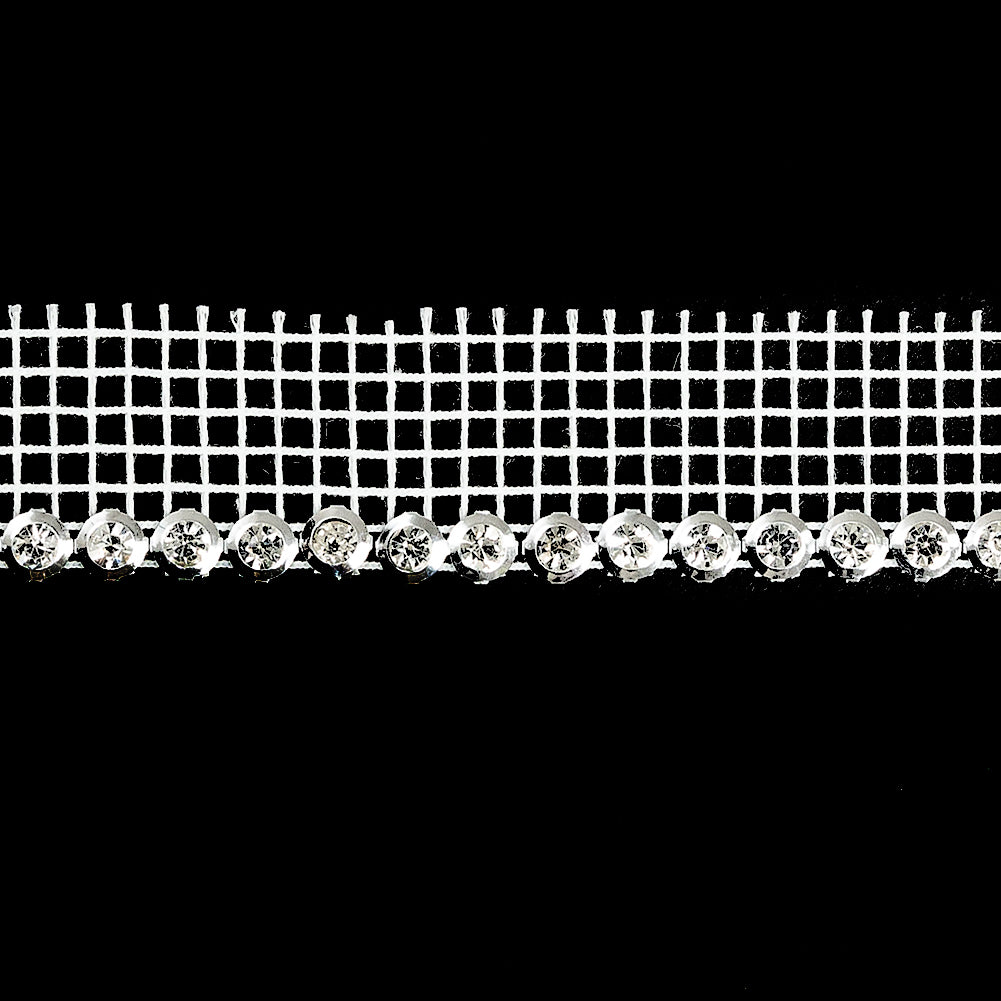 Vintage Crystal and Silver 1 Row Circular Rhinestones on White Mesh Trimming - 0.75