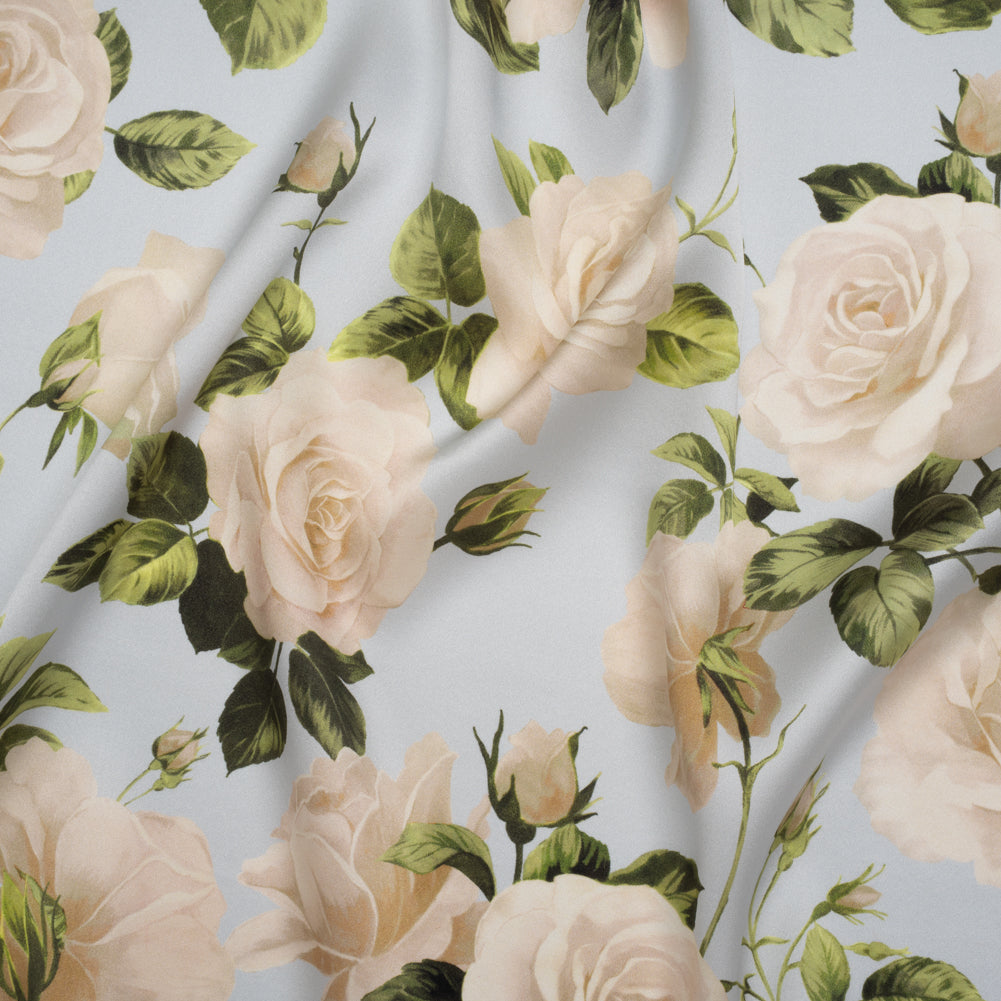 Silk Charmeuse Print 16MM, Made in Italy - Pale Blue, White and Green Bunches of Roses - Joann Fabrics