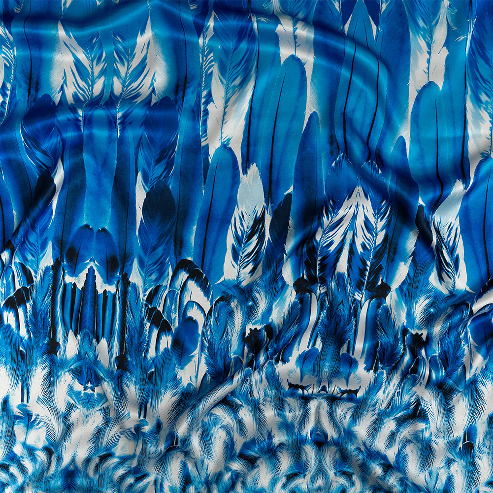 Mood Exclusive Italian Gradient Blue Feathers Digitally Printed Silk Charmeuse Panel - Joann Fabrics
