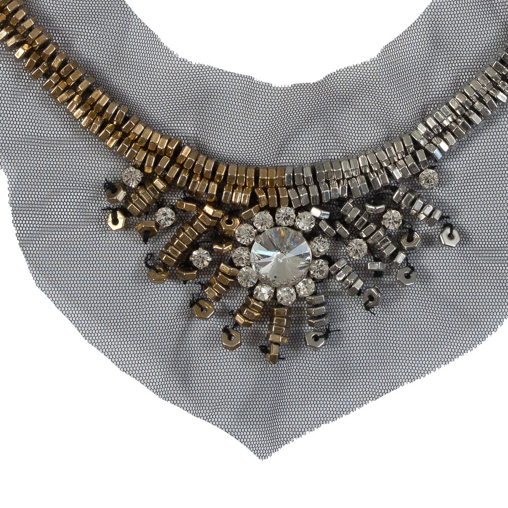 Italian Silver and Gold Beaded Rhinestone Neckline Applique on Black Mesh - Joann Fabrics