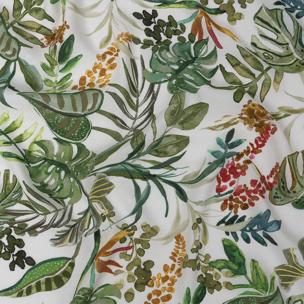 Sustainable Viscose Woven Print - White, Green and Red Troplical Leaves and Flowers - Mood Exclusive Subtropic Vegetation - Joann Fabrics