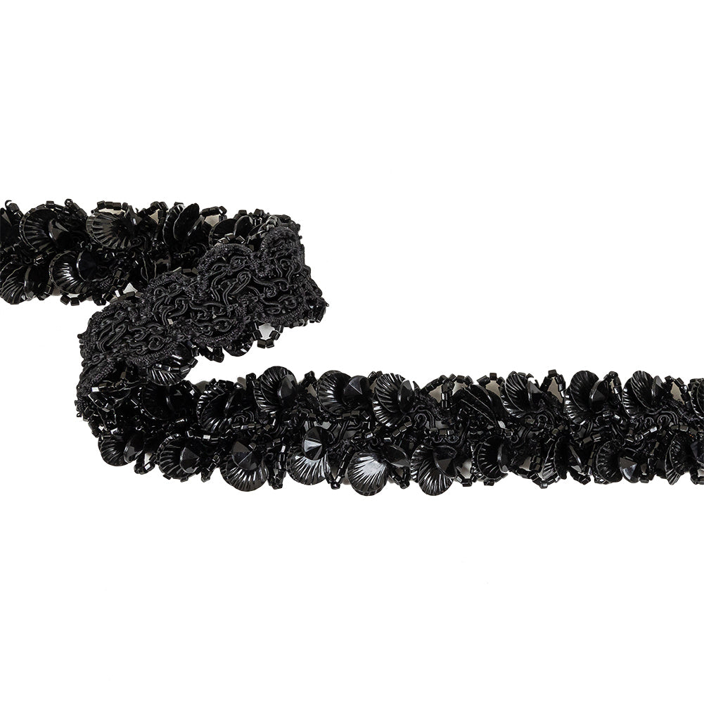 Vintage Black Seashell Sequins and Seed Beaded Braided Trim - 1.5