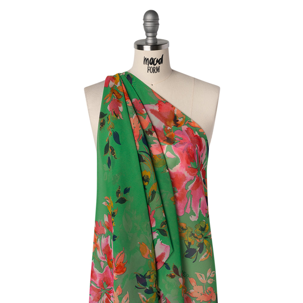 Polyester Chiffon Print - Kelly Green, Orange and Pink Watercolor Florals - Designer Deadstock - Joann Fabrics