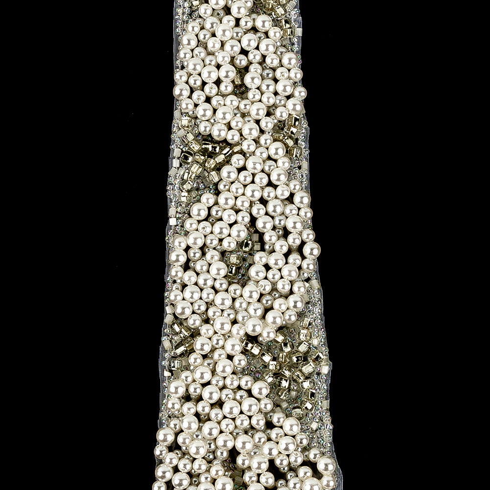 Vintage Fancy Pearl, Silver-lined and White Iris Beaded Tie Applique - 10.375