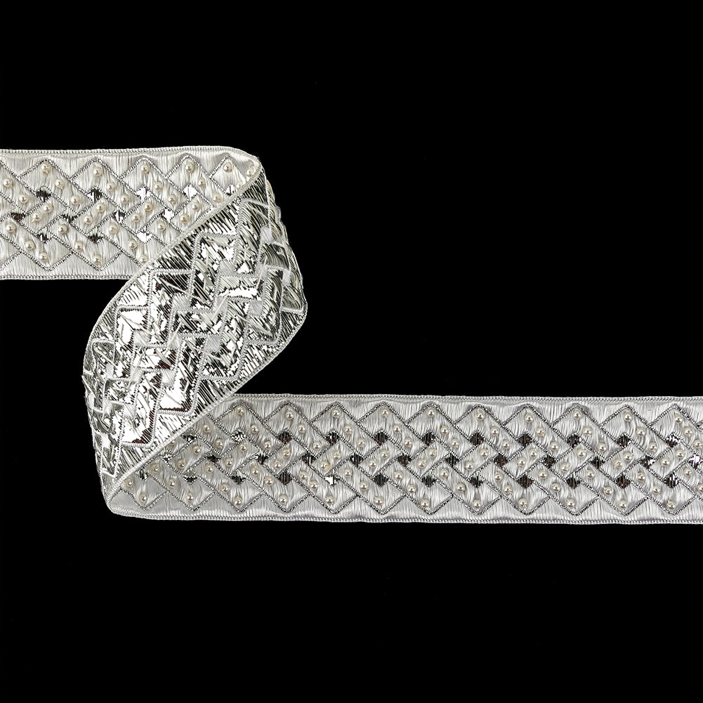 Vintage Ivory and Silver Lurex and Rayon Blend Beaded Ribbon - 1.5