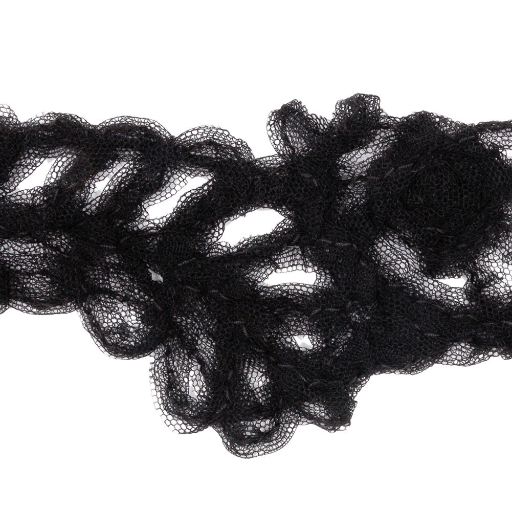 Famous NYC Designer Black Floral Vines Ruffled Tulle Lace Trim - 2.75