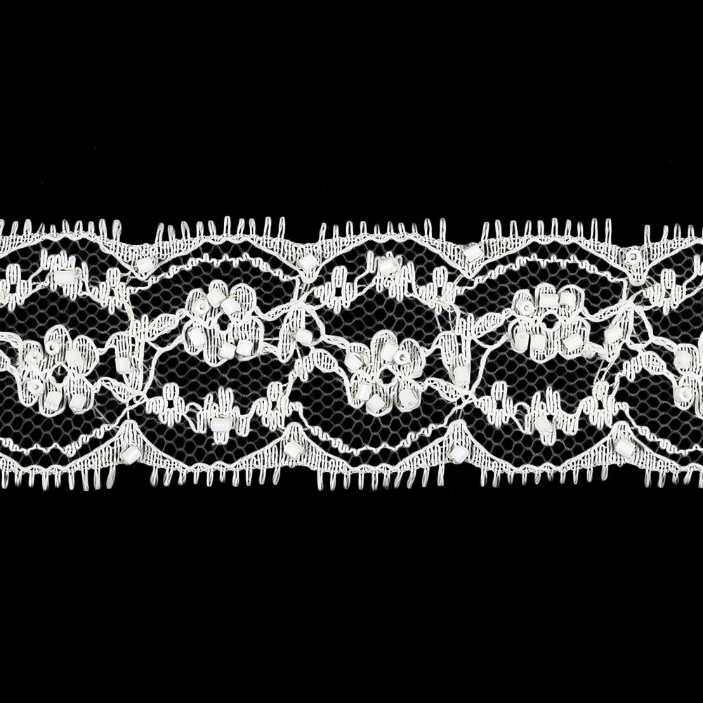 Vintage White Beaded Floral Lace Trim with Picot Edging - 1.25