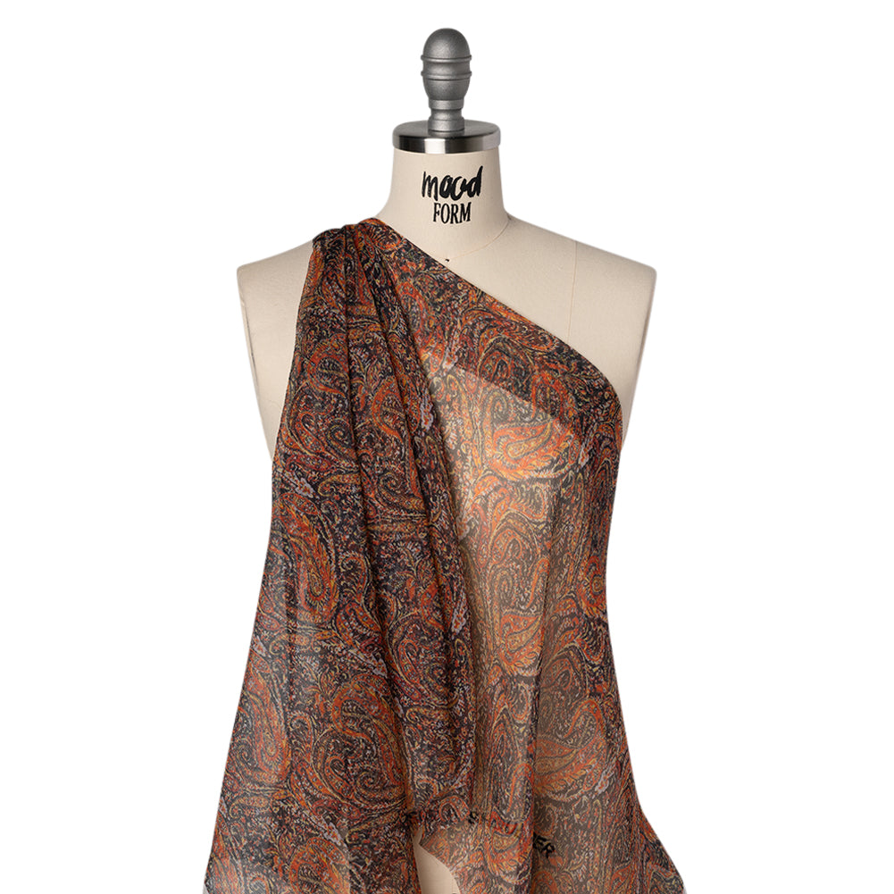 Crinkled Silk Chiffon Print - Black, Red and Yellow Traditional Paisley - Deadstock - Joann Fabrics