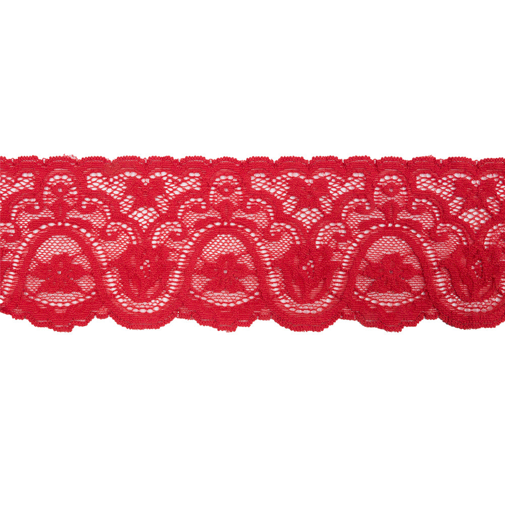 Scarlet Floral Waves Stretch Lace Trim with Scalloped Edges - 2.875