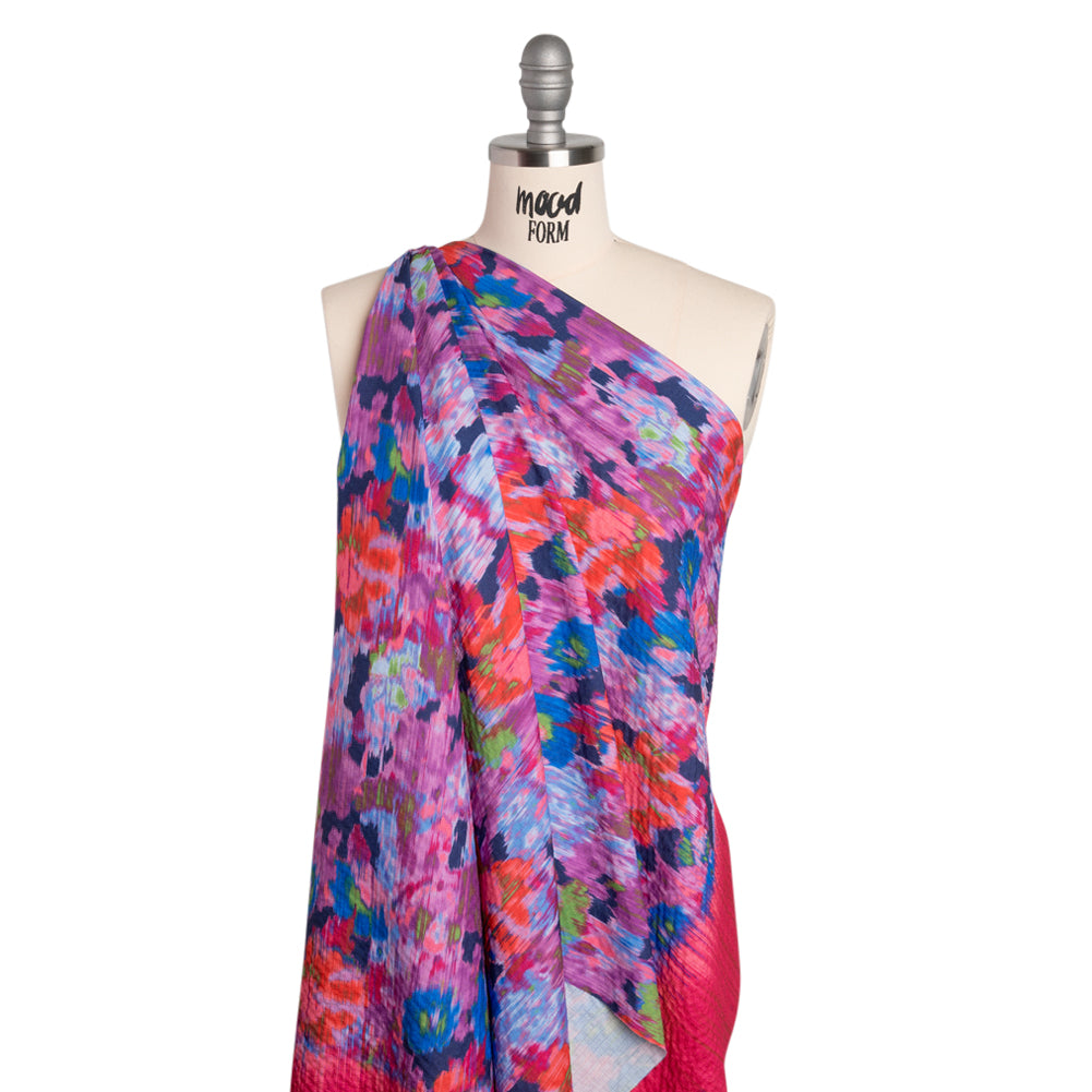 Stretch Polyester Seersucker - Bright Pink, Purple and Blue Ikat Floral - Designer Deadstock - Joann Fabrics