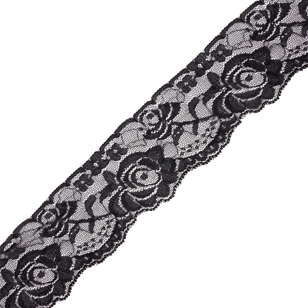 Famous NYC Designer Black Delicate Roses Stretch Lace Trim with Scalloped Edge - 2.25