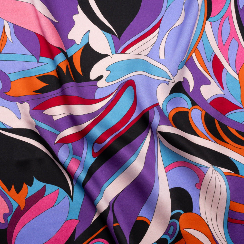 Silk Charmeuse Print - Periwinkle, Orange and Fuchsia Retro Floral Swirl - Made in Italy - Joann Fabrics