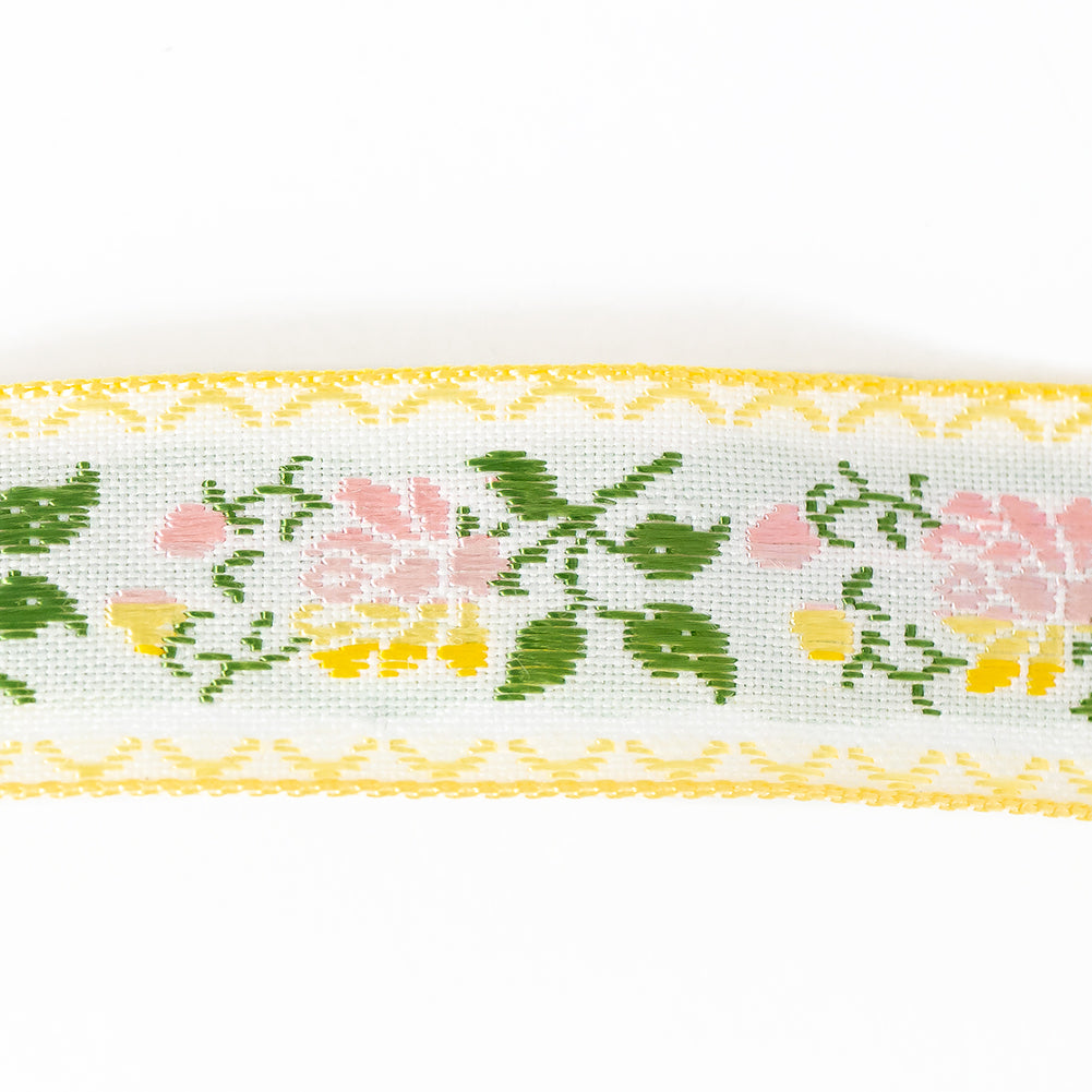Yellow, Pink and Green Floral German Jacquard Ribbon - 0.875